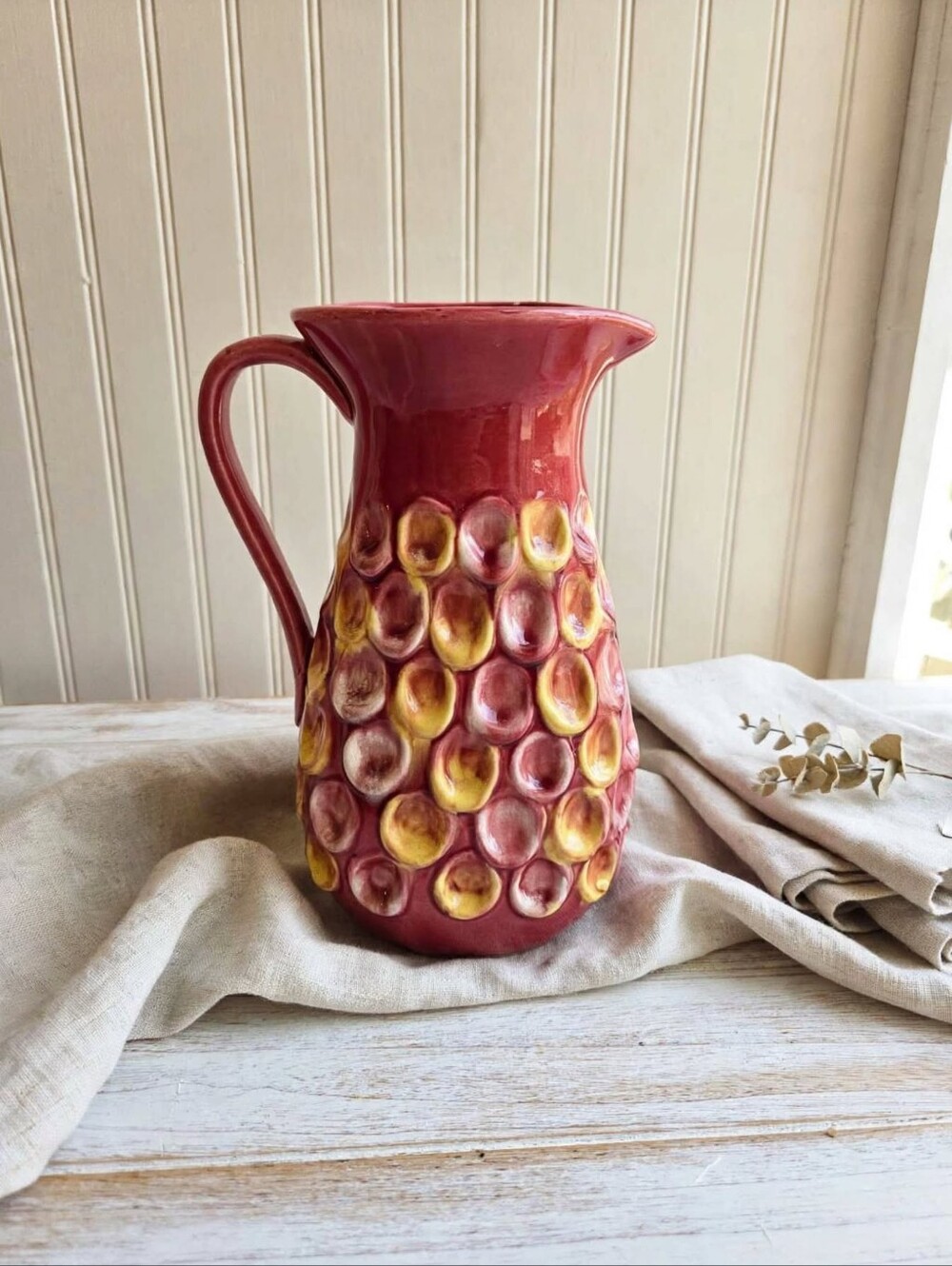 Vintage Giftcraft Mid-Century Red & Yellow Majolica-Style Pitcher Japan